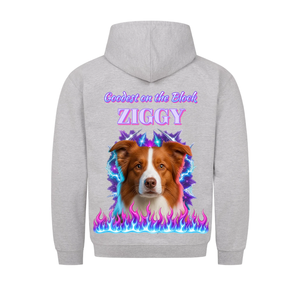 Goodest On The Block custom pet t-shirt or hoodie - your dog as a 90s rap bootleg airbrush portrait with lightning and flames, with name