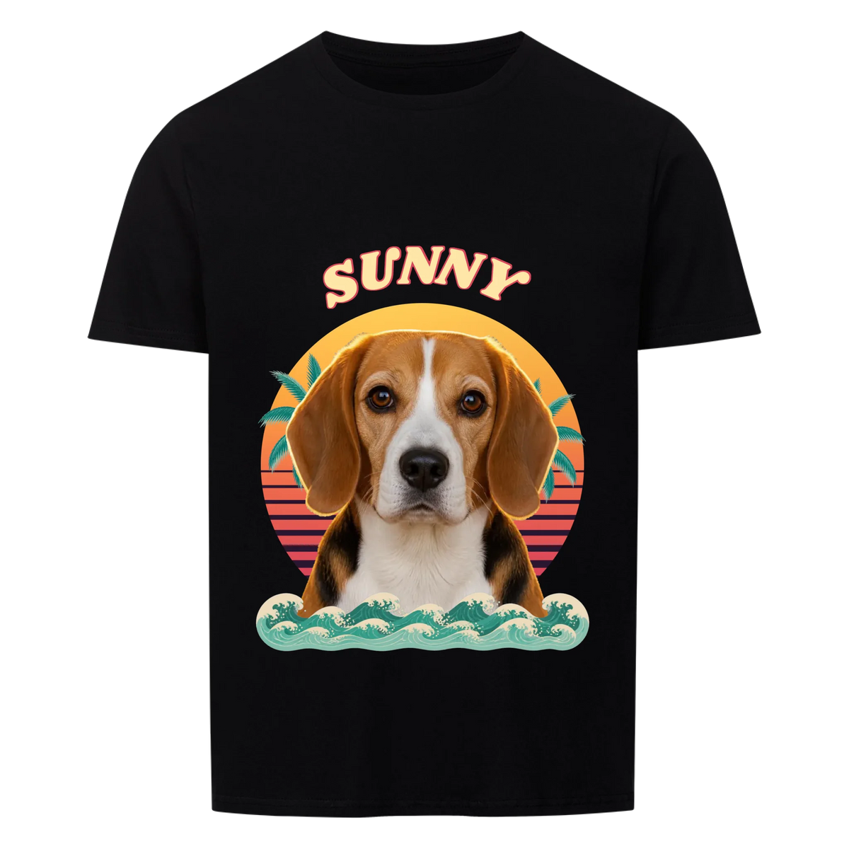 Sundown Sweetheart custom pet t-shirt or hoodie - your dog's portrait in front of a retro sunset with palm leaves and waves, with name
