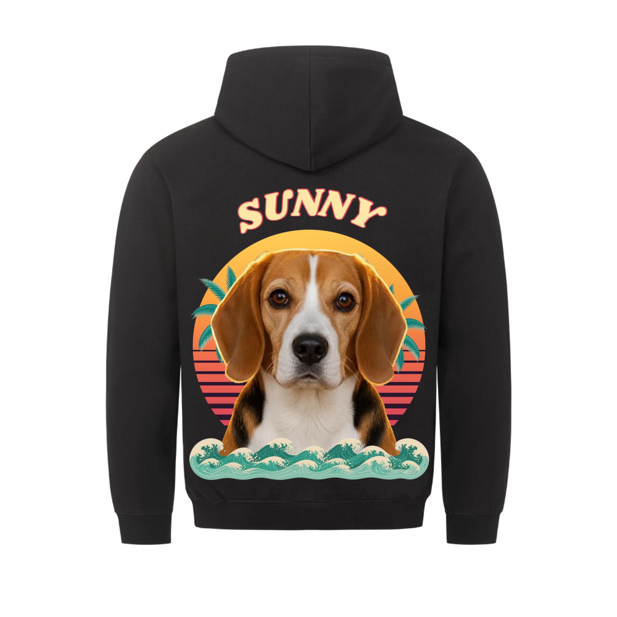 Sundown Sweetheart custom pet t-shirt or hoodie - your dog's portrait in front of a retro sunset with palm leaves and waves, with name