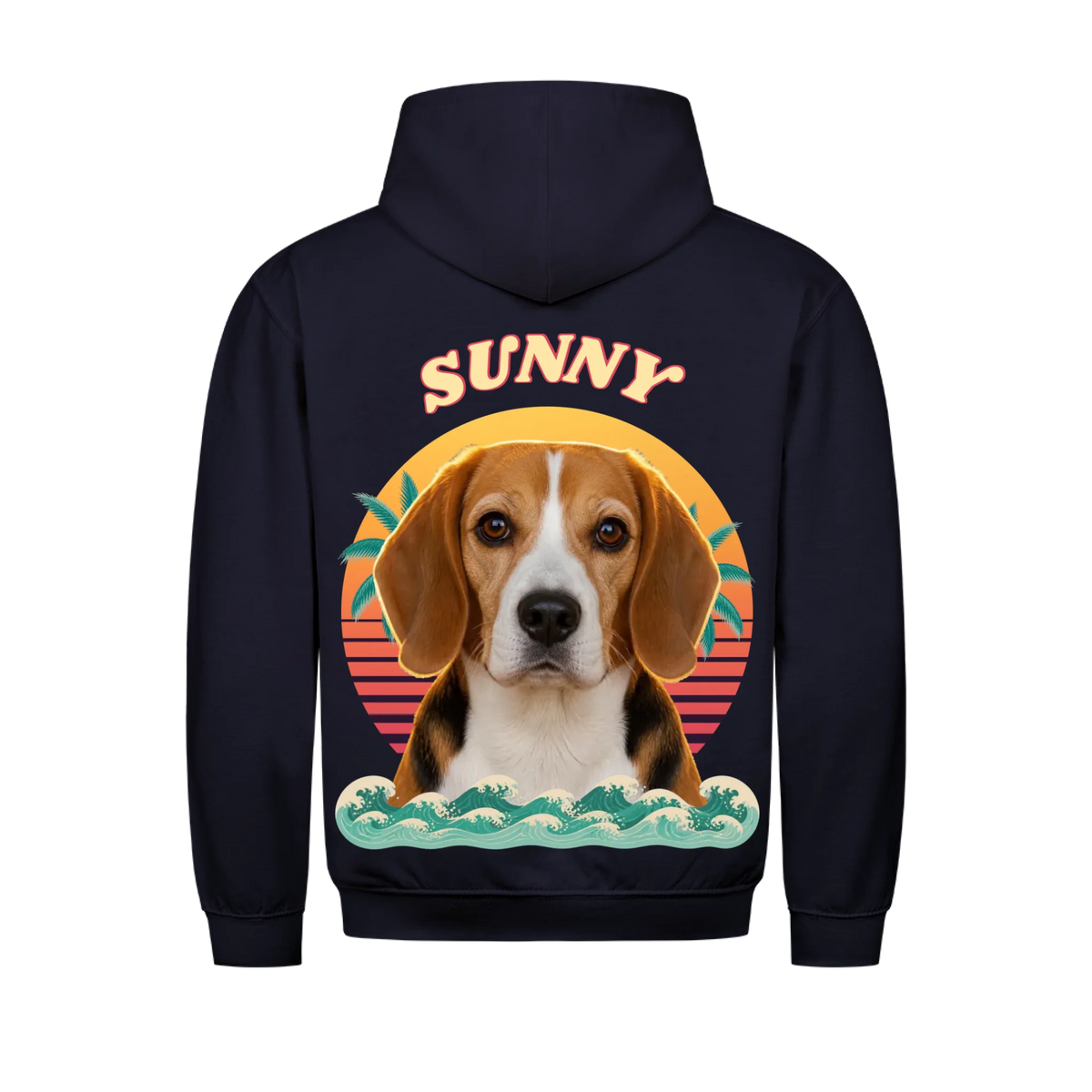 Sundown Sweetheart custom pet t-shirt or hoodie - your dog's portrait in front of a retro sunset with palm leaves and waves, with name