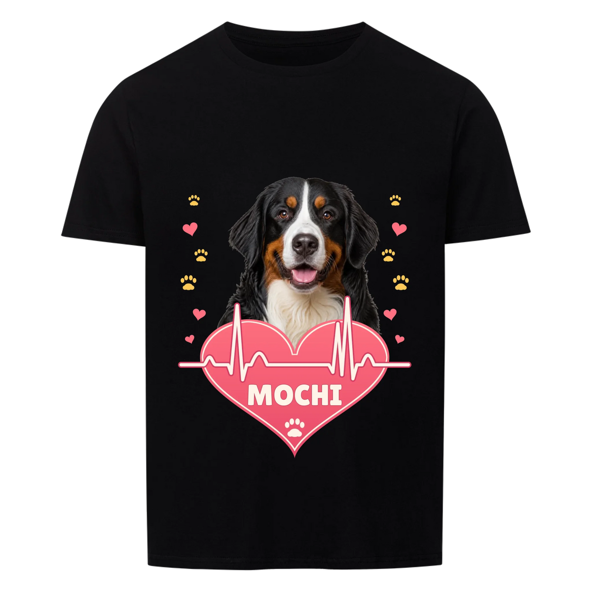Pawbeat Heartline custom pet t-shirt or hoodie - your dog's portrait above a pink heart with a heartbeat line, with name