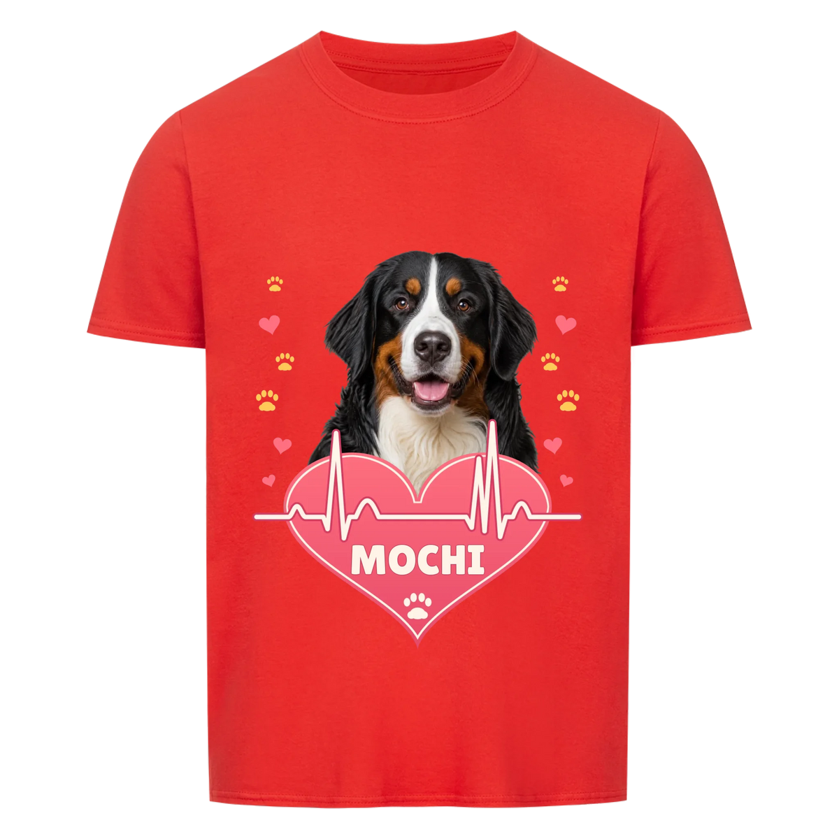 Pawbeat Heartline custom pet t-shirt or hoodie - your dog's portrait above a pink heart with a heartbeat line, with name