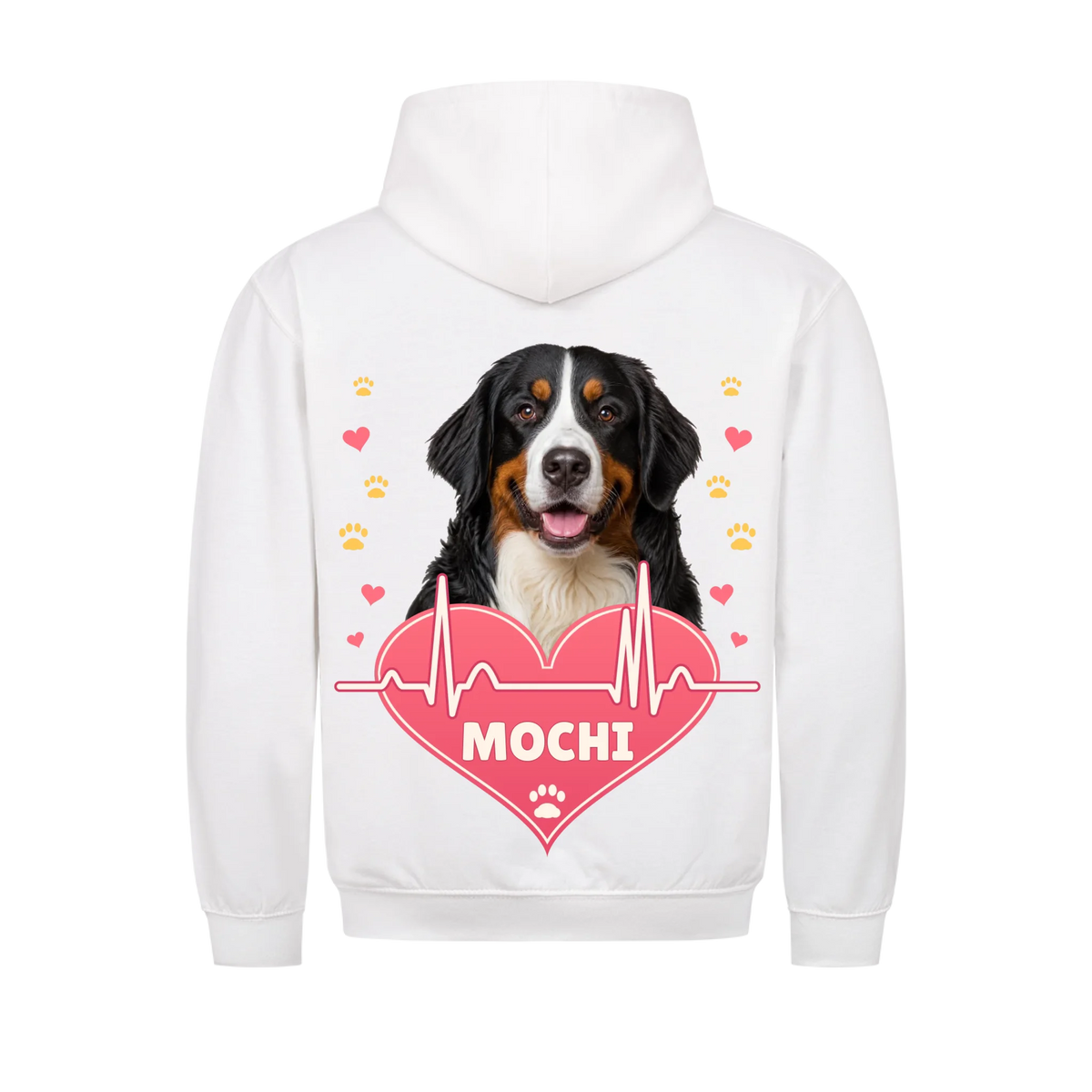 Pawbeat Heartline custom pet t-shirt or hoodie - your dog's portrait above a pink heart with a heartbeat line, with name