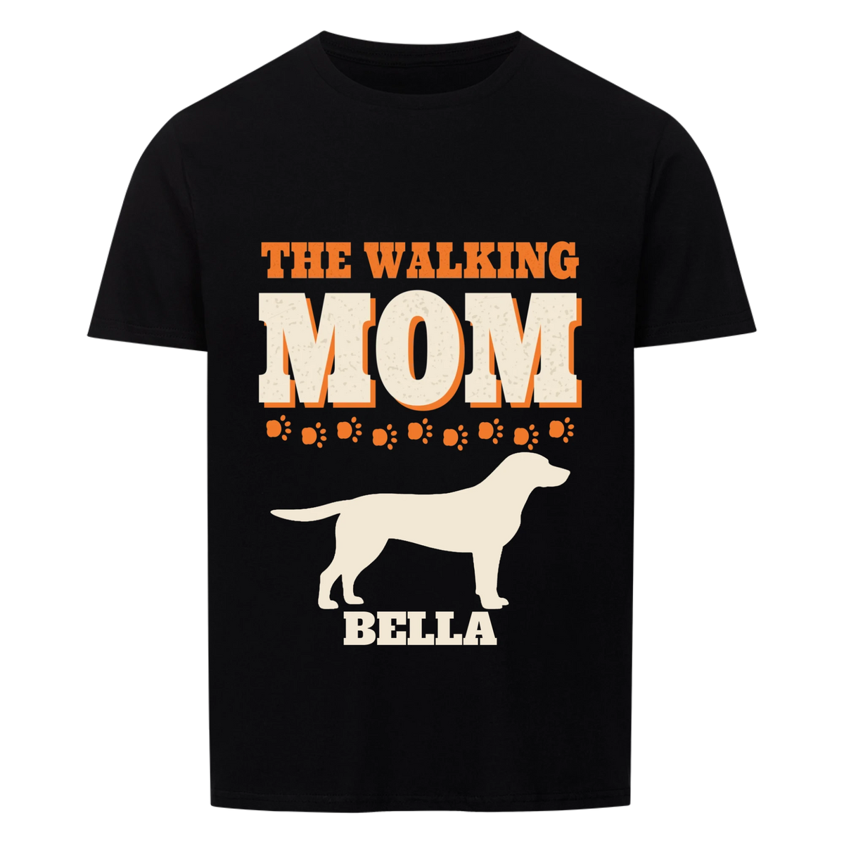 Leash Legends custom dog mom t-shirt black, front print - THE WALKING MOM in bold letters, a row of orange paw prints, Labrador silhouette and dog name BELLA