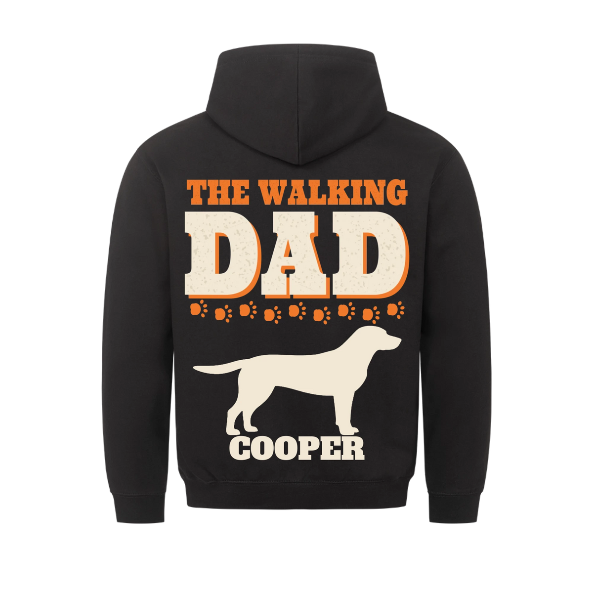 Leash Legends custom dog dad hoodie black, back print - THE WALKING DAD in bold letters, a row of orange paw prints, Labrador silhouette and dog name COOPER