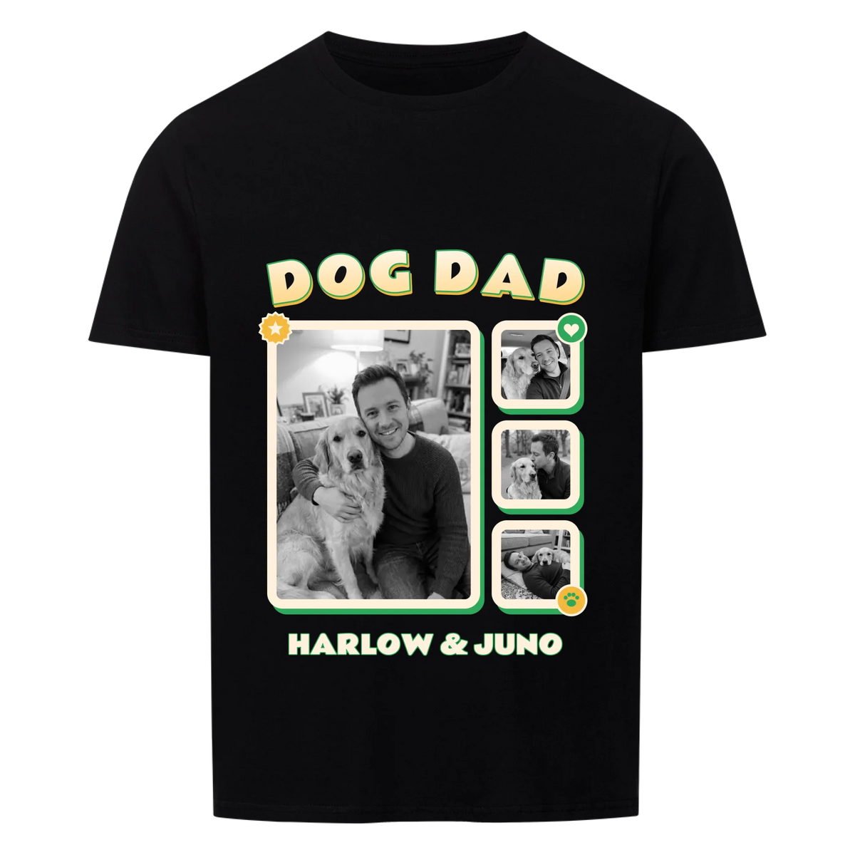 Pawrent Snapshot Grid custom pet t-shirt black - DOG DAD title above a black and white photo grid of a man and his golden retriever, name below