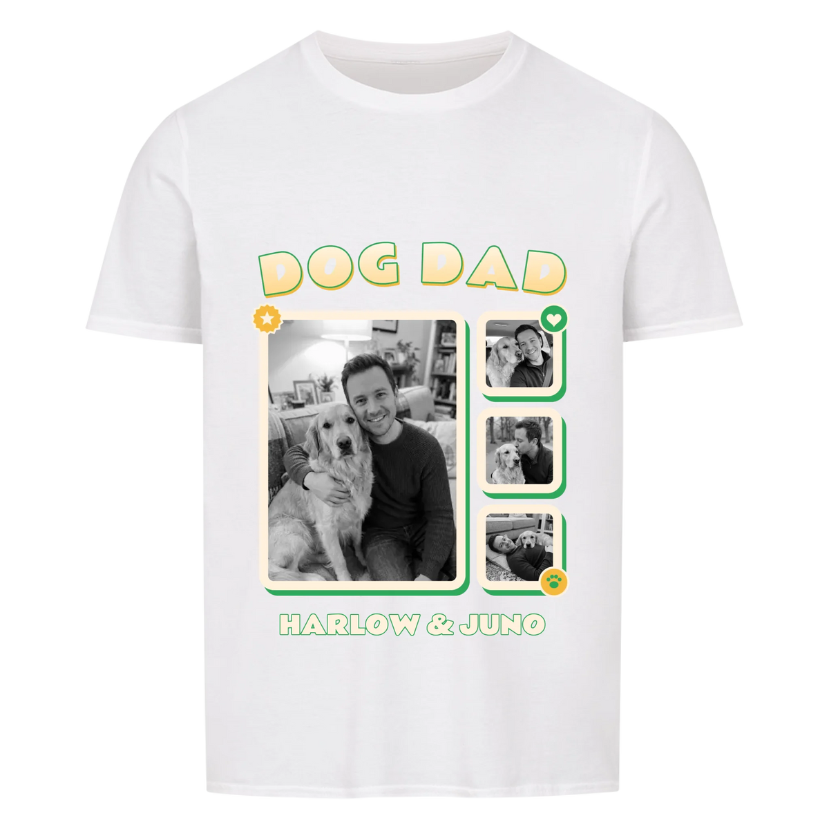 Pawrent Snapshot Grid custom pet t-shirt white - DOG DAD title above a black and white photo grid of a man and his golden retriever, name below
