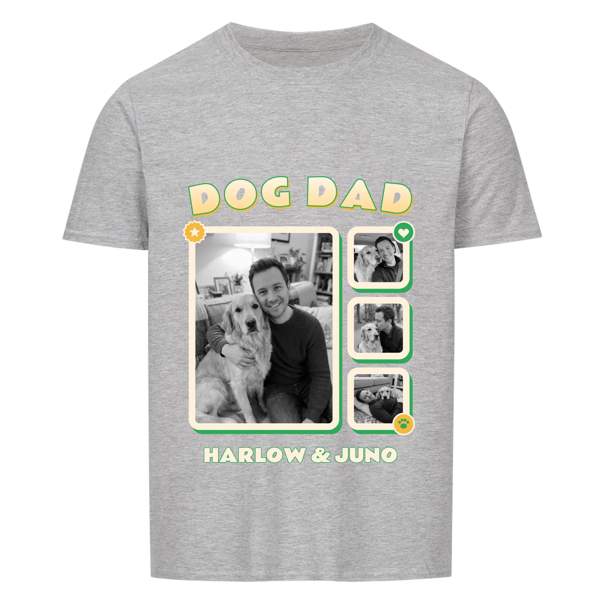 Pawrent Snapshot Grid custom pet t-shirt sport grey - DOG DAD title above a black and white photo grid of a man and his golden retriever, name below