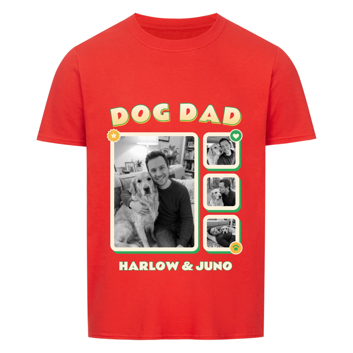 Pawrent Snapshot Grid custom pet t-shirt red - DOG DAD title above a black and white photo grid of a man and his golden retriever, name below