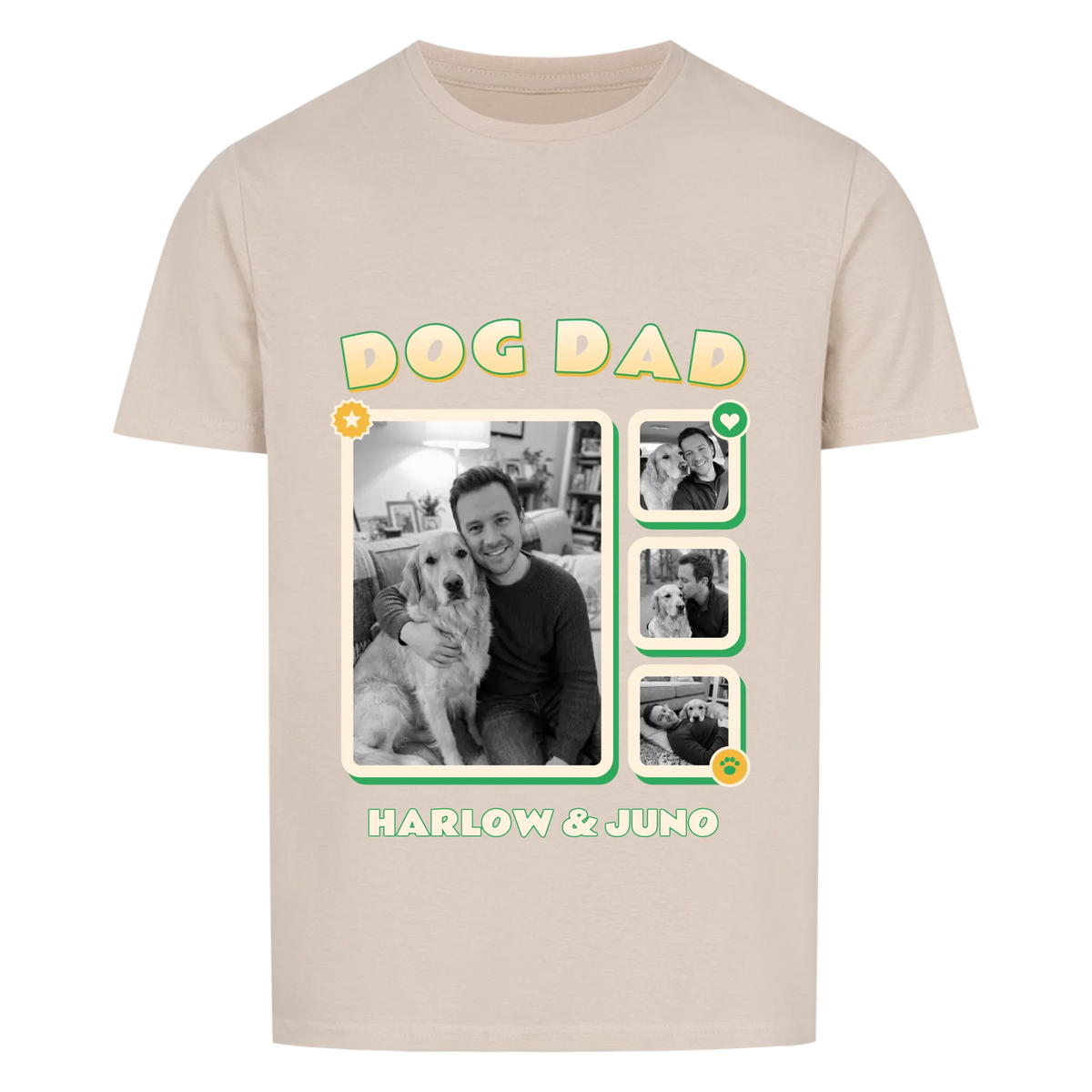 Pawrent Snapshot Grid custom pet t-shirt sand - DOG DAD title above a black and white photo grid of a man and his golden retriever, name below