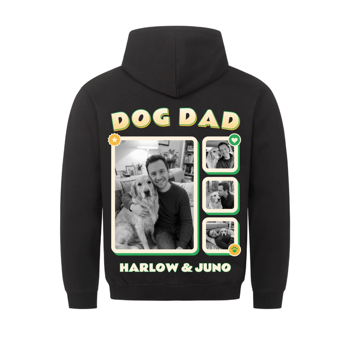 Pawrent Snapshot Grid custom pet hoodie black, back print - DOG DAD title above a black and white photo grid of a man and his golden retriever, name below
