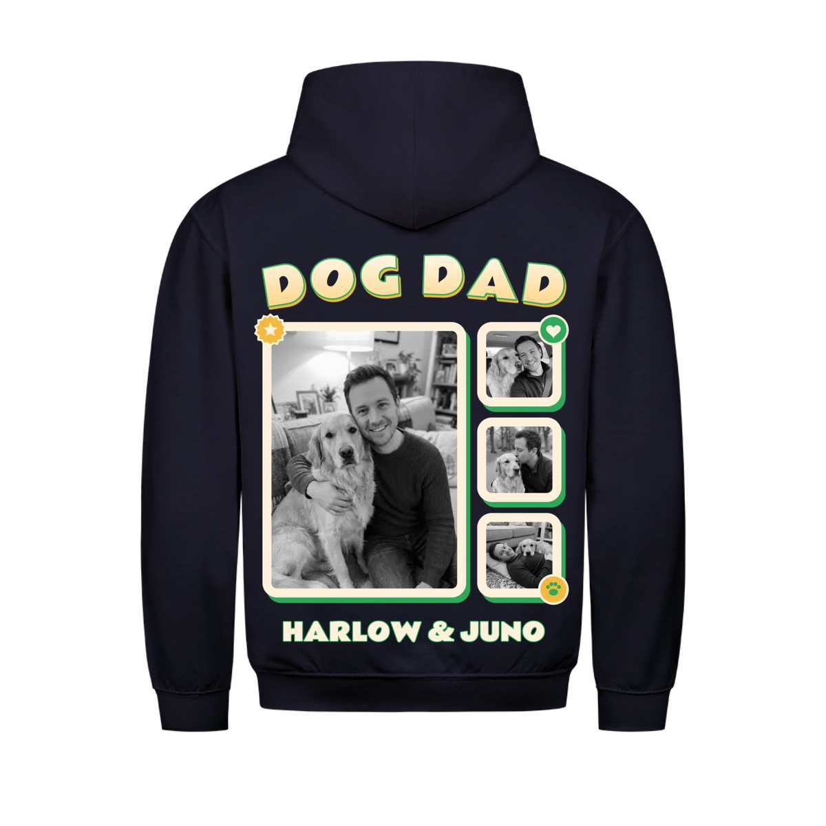 Pawrent Snapshot Grid custom pet hoodie navy, back print - DOG DAD title above a black and white photo grid of a man and his golden retriever, name below