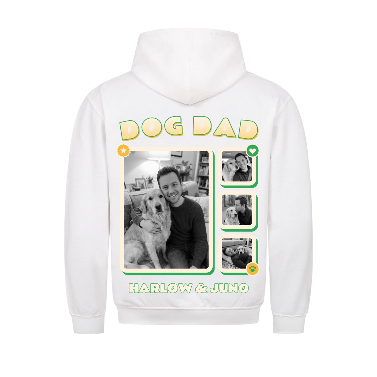 Pawrent Snapshot Grid custom pet hoodie white, back print - DOG DAD title above a black and white photo grid of a man and his golden retriever, name below