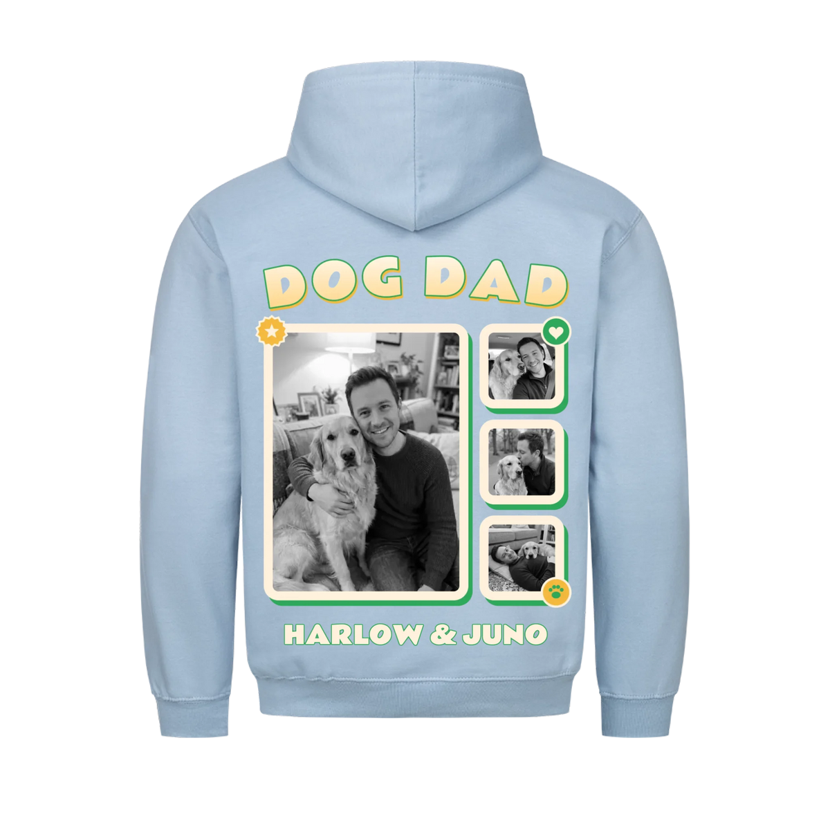 Pawrent Snapshot Grid custom pet hoodie baby blue, back print - DOG DAD title above a black and white photo grid of a man and his golden retriever, name below