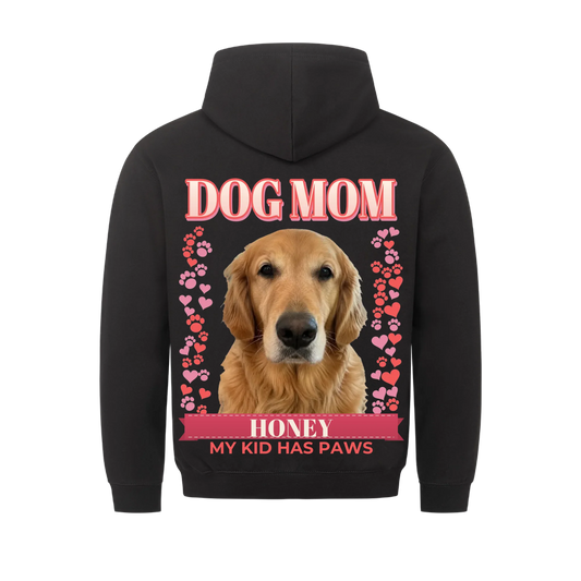 Custom dog mom hoodie, black, back print: the dog's own photo cut out under the title DOG MOM, pink hearts and paw prints on both sides, name on a coral ribbon banner, line My Kid Has Paws
