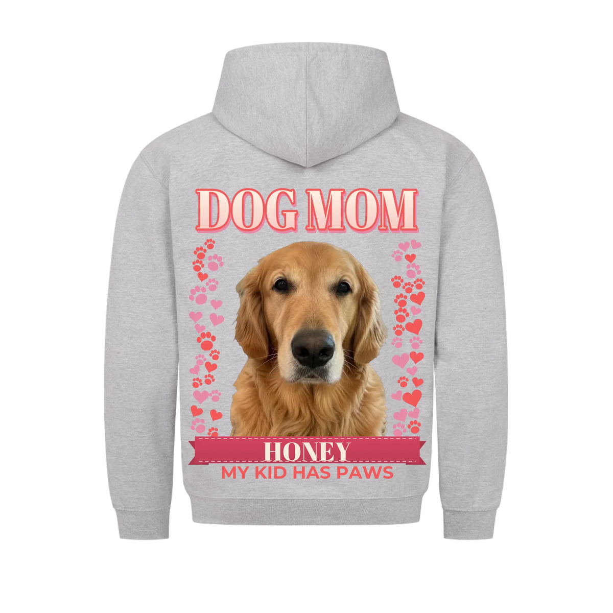 Custom dog mom hoodie, heather grey, back print: dog photo under DOG MOM with hearts, paw prints and name banner