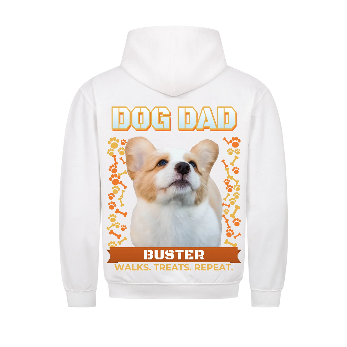 Custom dog dad hoodie, white, back print: dog photo under DOG DAD with bones, paw prints and name banner