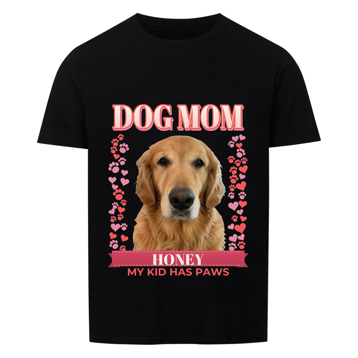 Custom dog mom t-shirt, black, front print: the dog's own photo cut out under DOG MOM, hearts and paw prints, name banner and the line My Kid Has Paws