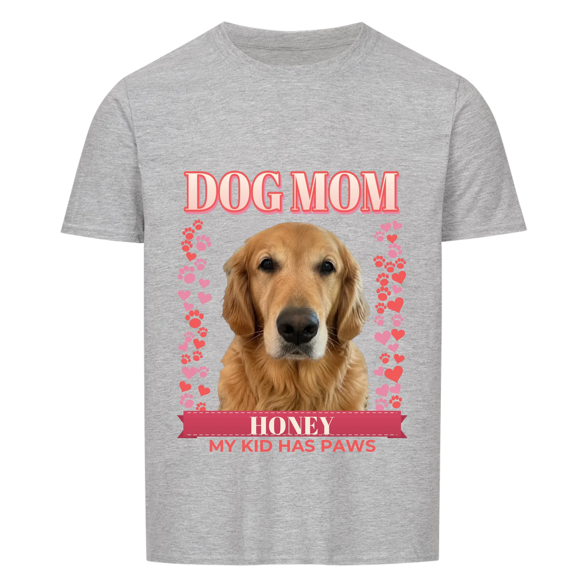 Custom dog mom t-shirt, sport grey, front print: dog photo under DOG MOM with hearts, paw prints and name banner
