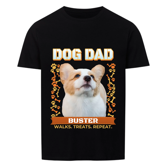 Custom dog dad t-shirt, black, front print: the dog's own photo cut out under DOG DAD, bones and paw prints, name banner and the line Walks. Treats. Repeat.