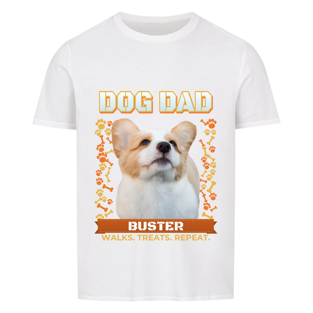 Custom dog dad t-shirt, white, front print: dog photo under DOG DAD with bones, paw prints and name banner