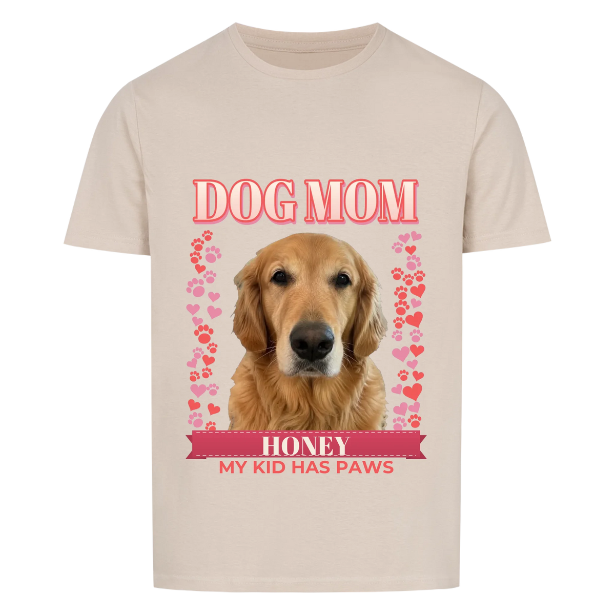 Custom dog mom t-shirt, sand, front print: dog photo under DOG MOM with hearts, paw prints and name banner
