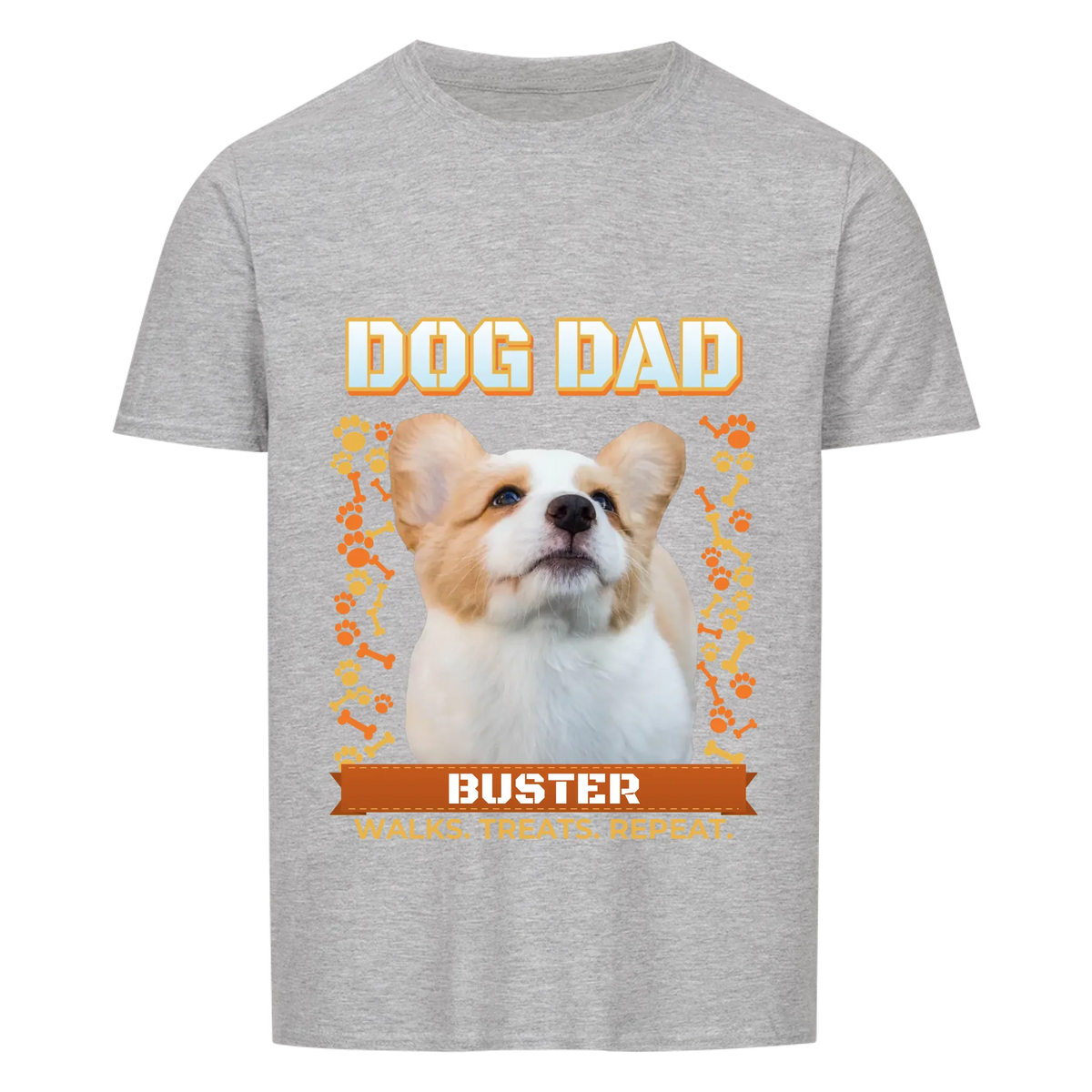 Custom dog dad t-shirt, sport grey, front print: dog photo under DOG DAD with bones, paw prints and name banner