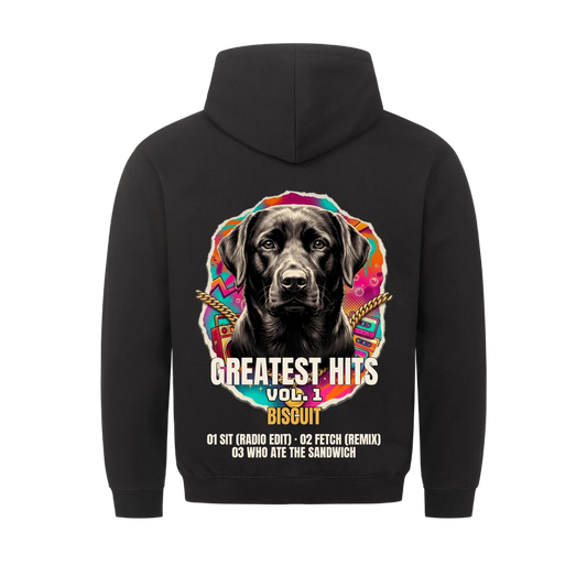 Greatest Hits Vol. 1 custom pet hoodie in black, back print with your pet's name