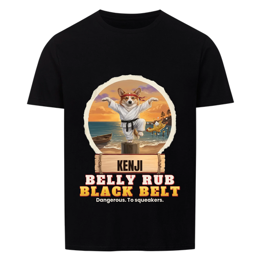 Belly Rub Black Belt custom pet t-shirt, black, front print - your dog in a white karate gi with black belt and red headband balancing on one leg on a wooden post at a sunset beach, name on a wooden sign