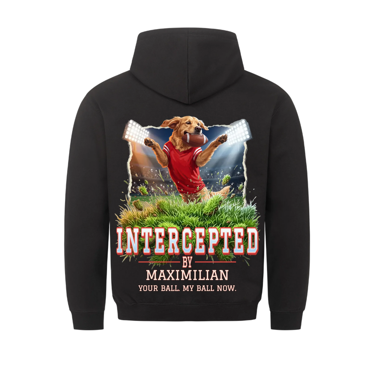Black hoodie back print: dog in a red jersey catching a football mid-leap above flying turf, varsity title "Intercepted by" with the dog's name and "Your ball. My ball now."