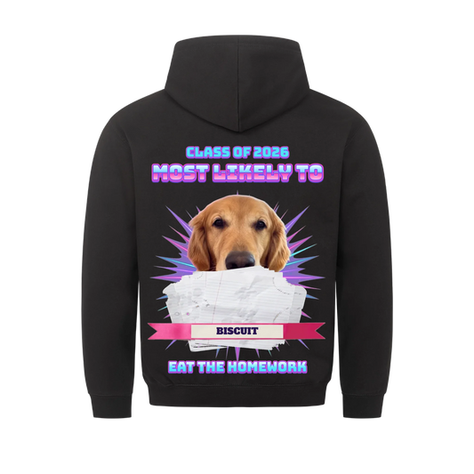 Black hoodie back print: yearbook-style MOST LIKELY TO design with a dog portrait, chewed homework stack, name ribbon and EAT THE HOMEWORK