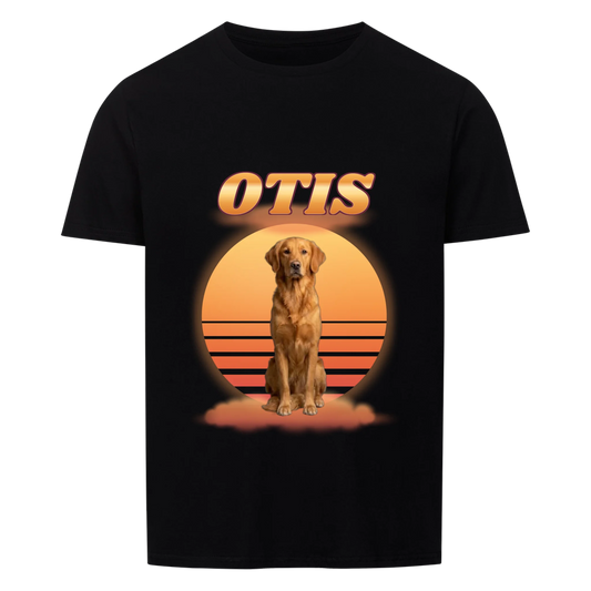 Sundown Sweetheart custom pet photo T-shirt in black – your dog in front of a retro sunset with custom name