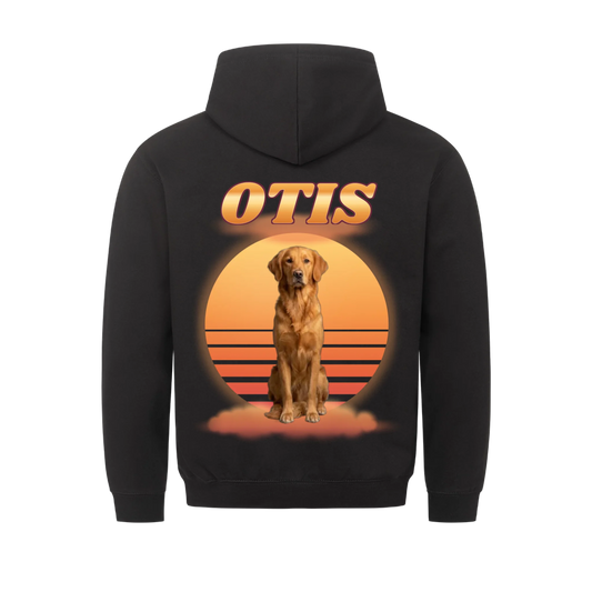Sundown Sweetheart personalized dog hoodie in black – retro sunset back print with your pet's photo and name