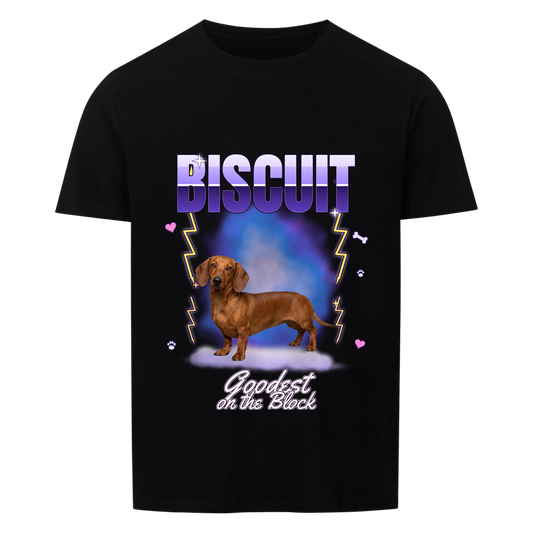 Goodest On The Block custom pet photo T-shirt in black – your dog's photo and name in a retro 90s style print