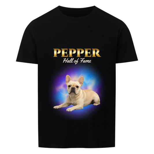 Hall of Fame Pup custom pet photo T-shirt in black – your dog's photo with a cosmic glow and custom name