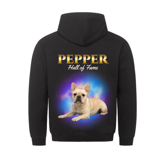 Hall of Fame Pup personalized dog hoodie in black – back print with your pet's photo and name