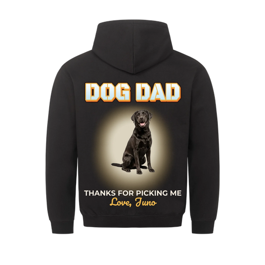 Dog Dad custom pet hoodie in black – back print with your dog's photo, 'Thanks for picking me' and name