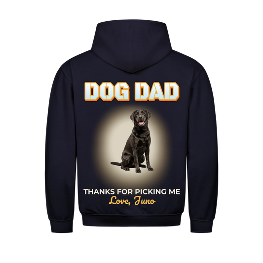 Dog Dad personalized hoodie in navy – back print with your dog's photo and 'Thanks for picking me' message