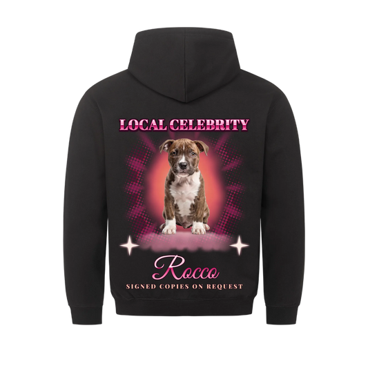 Local Celebrity personalized dog hoodie in black – spotlight back print with your pet's photo and name