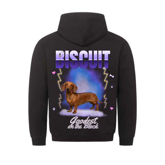 Goodest On The Block custom pet hoodie in black – back print with your dog's photo and name