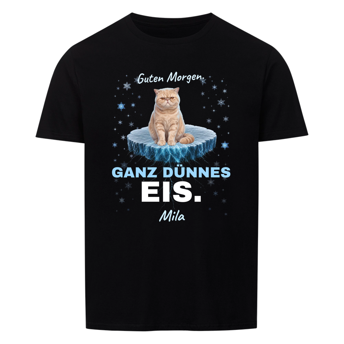Morgenmuffel T-Shirt schwarz: Katze auf ganz dünnem Eis mit Name – personalisiert mit deinem Haustier