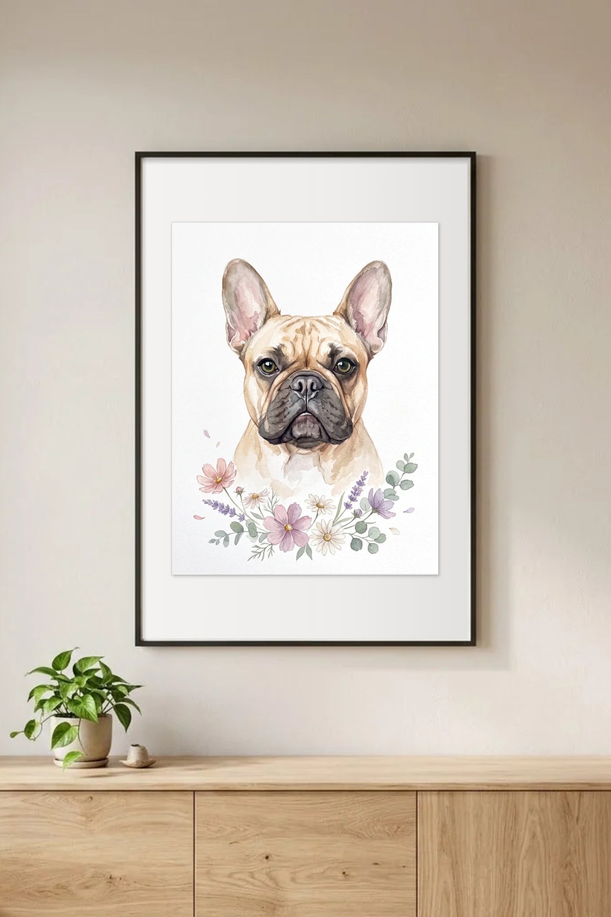 Dein Haustier als Aquarell mit Blütenzweig - gerahmtes Poster an heller Wand