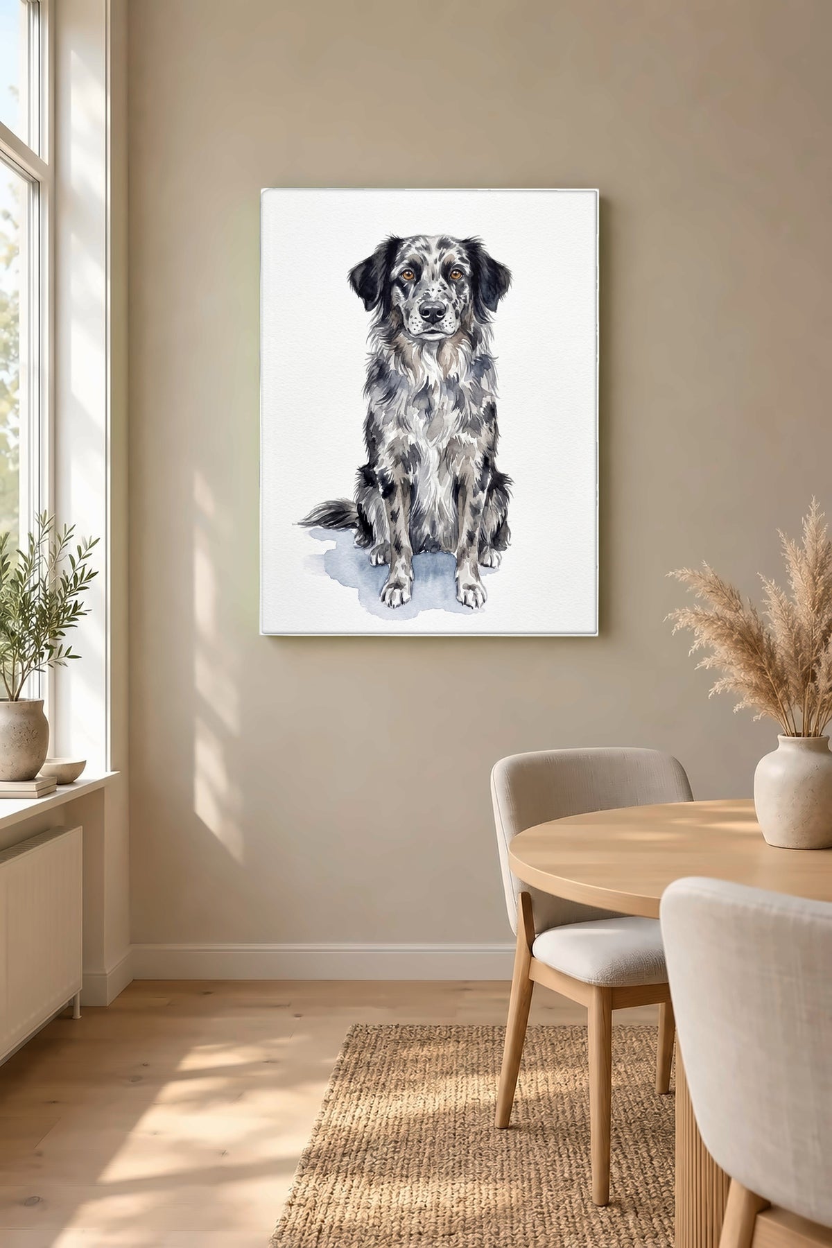 Leinwand im Esszimmer: Dein Hund als Aquarell in Sitzpose – personalisiertes Hundeportrait