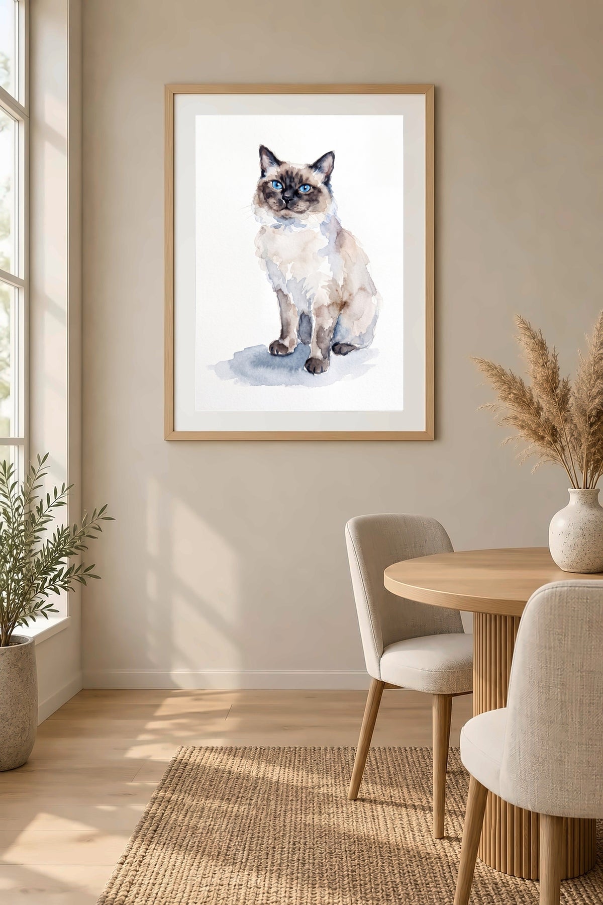 Poster im Esszimmer: Deine Katze als Aquarell in Sitzpose – personalisiertes Katzenportrait
