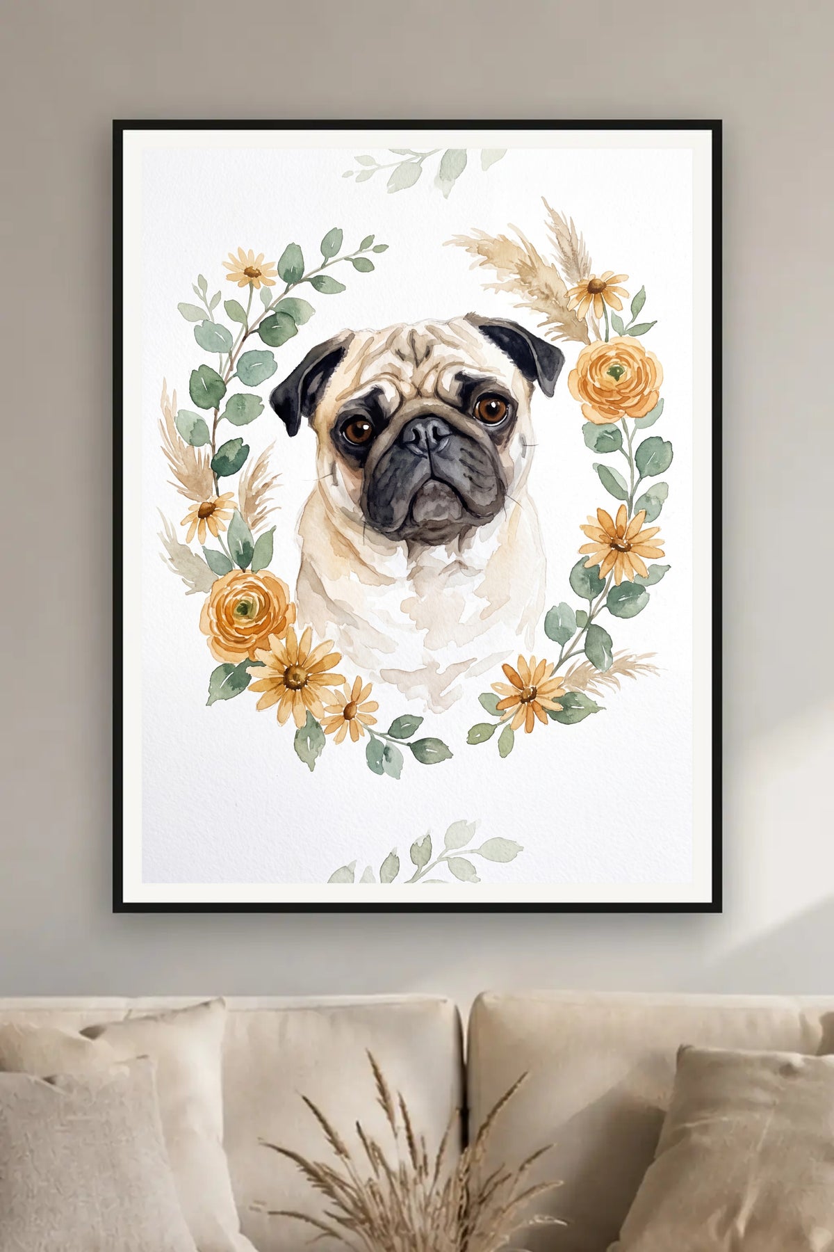 Poster im Wohnzimmer: Dein Hund als Aquarell im Botanik-Kranz – personalisiertes Hundeportrait