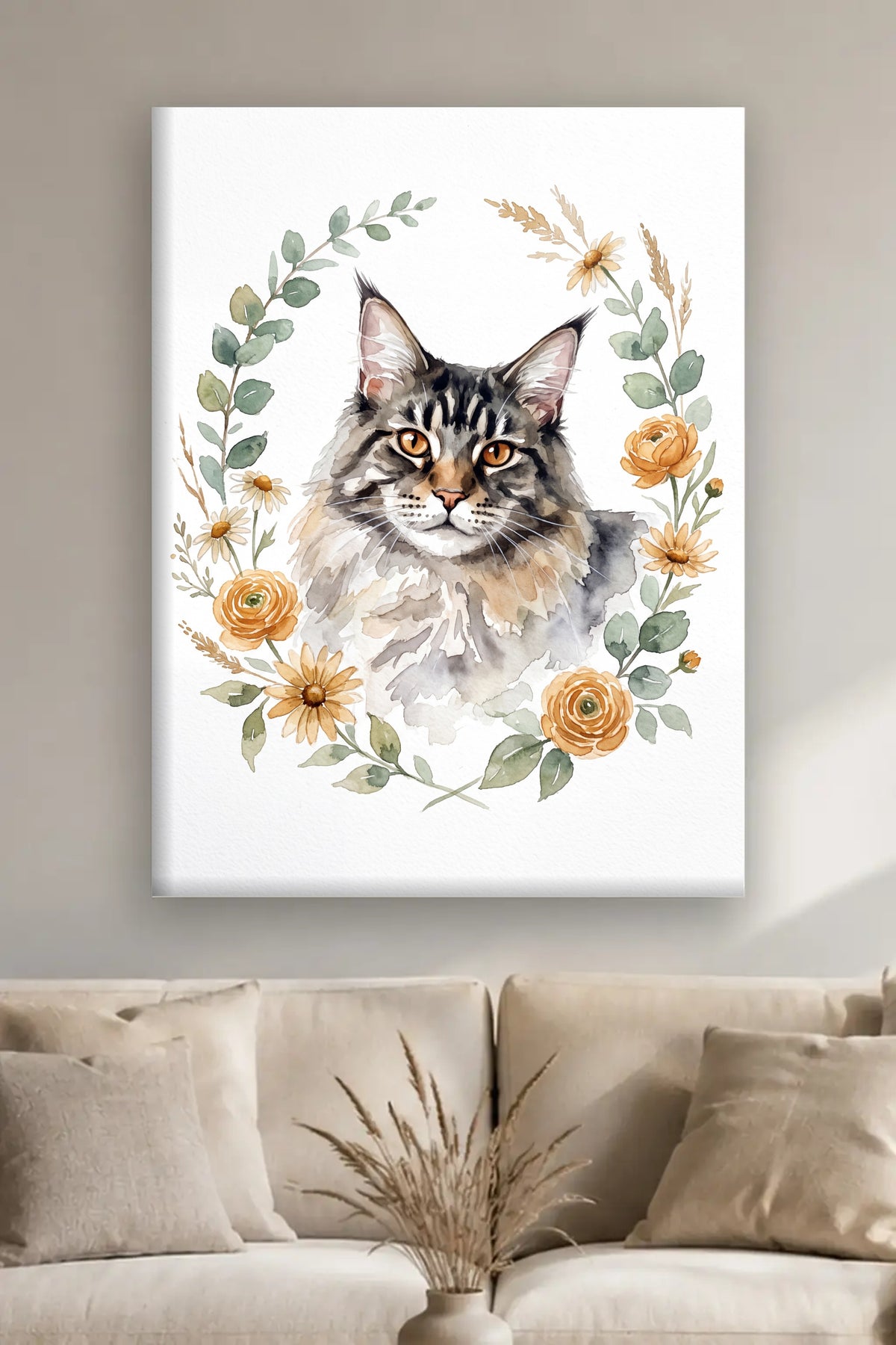 Leinwand im Wohnzimmer: Deine Katze als Aquarell im Botanik-Kranz – personalisiertes Katzenportrait