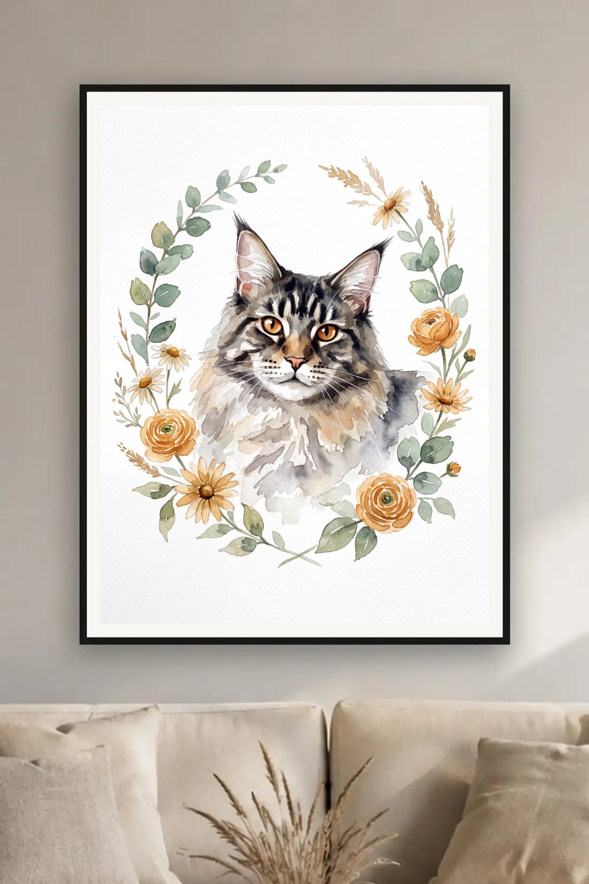 Poster im Wohnzimmer: Deine Katze als Aquarell im Botanik-Kranz – personalisiertes Katzenportrait