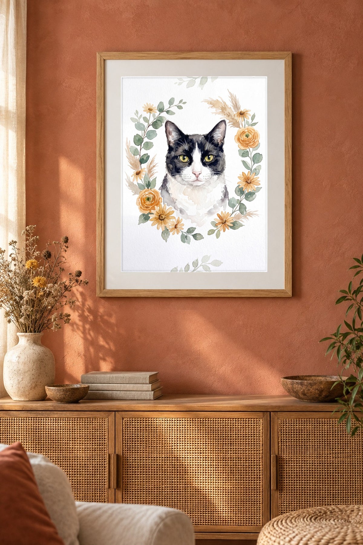Poster im Cottage-Wohnzimmer: Deine Katze im Botanik-Kranz – personalisiertes Katzenportrait