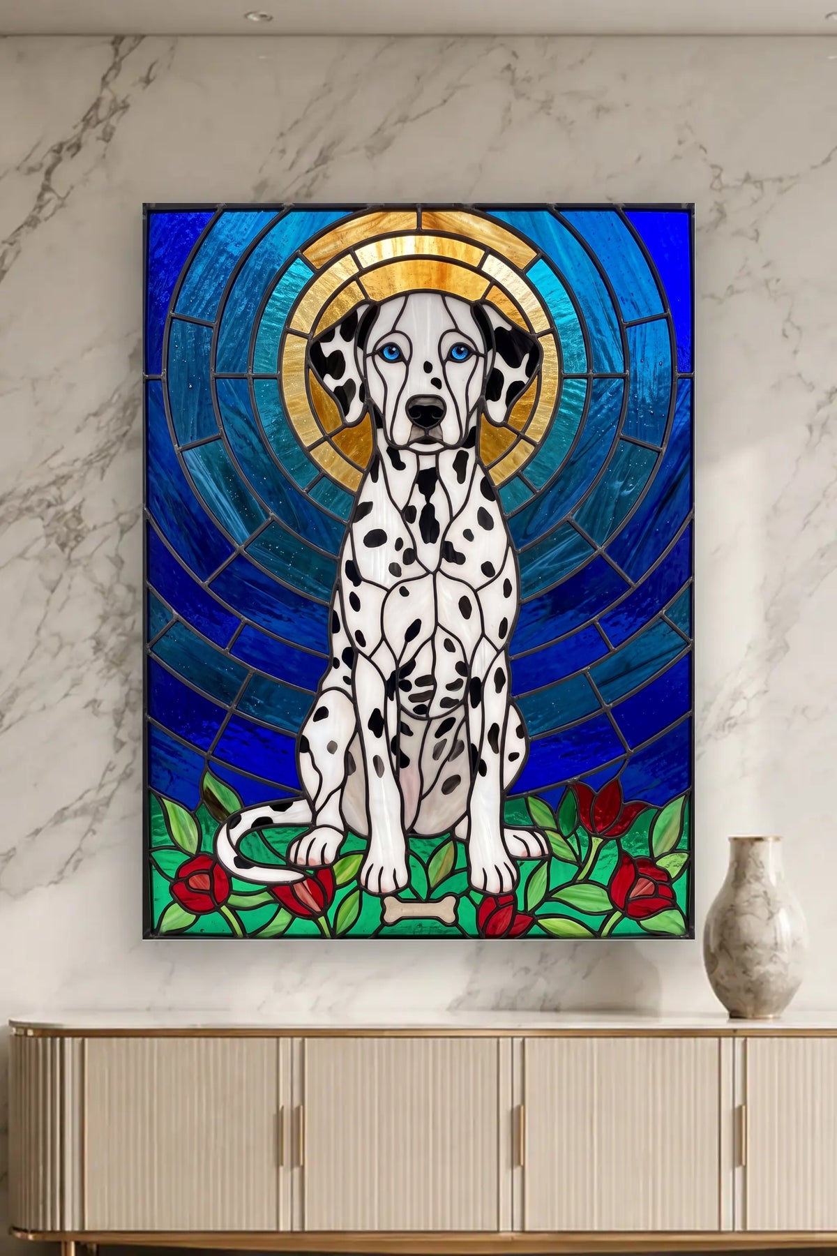 Leinwand im Wohnzimmer: Dein Hund als Buntglasfenster – personalisiertes Hundeportrait