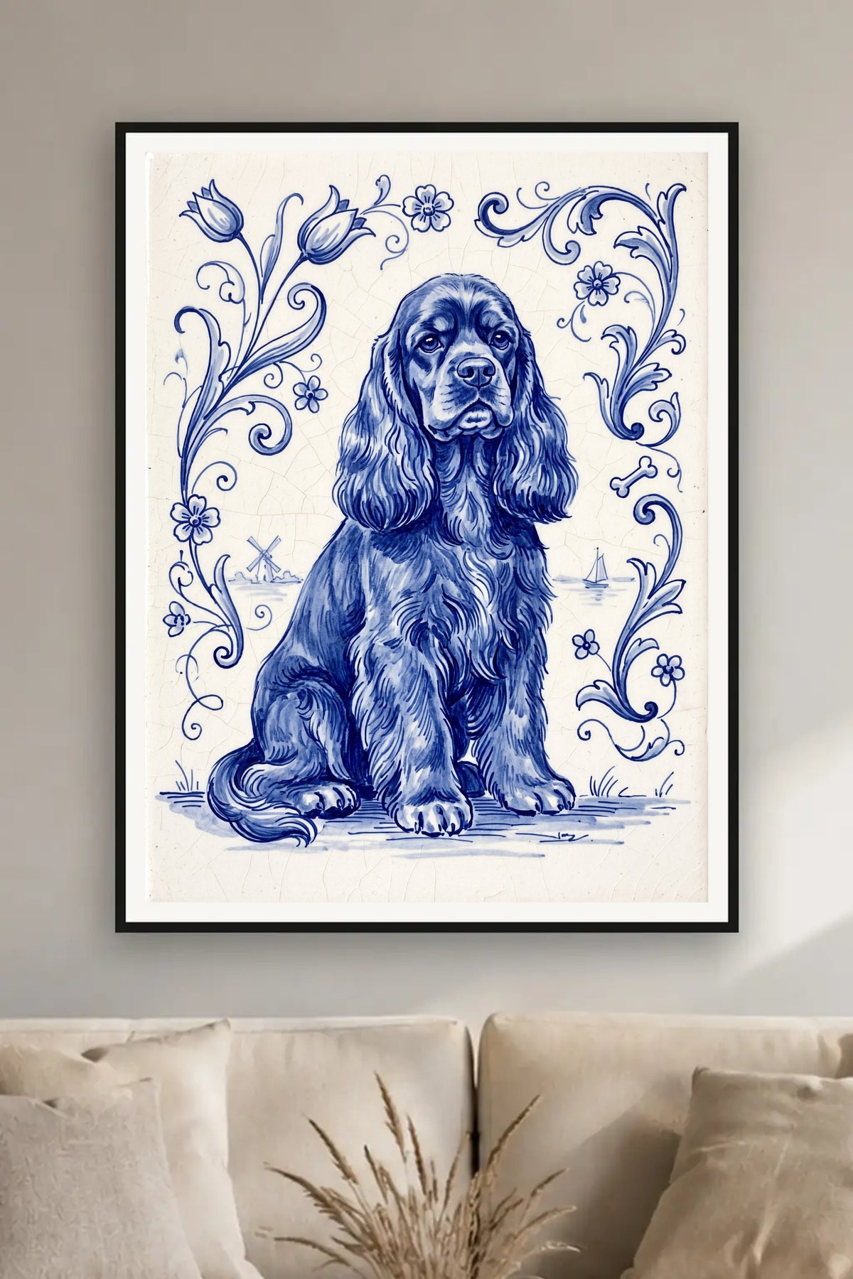 Poster im Wohnzimmer: Dein Hund in Delfter Blau – personalisiertes Hundeportrait